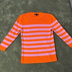 Orange and Pink striped scalloped crew neck sweater